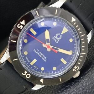 Vintage 1975 Titus Manual Mens Silver Watch W/Leather Strap & Blue accents